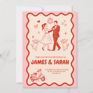 Retro Groovy Wedding Invitation Disco Ball Dancing