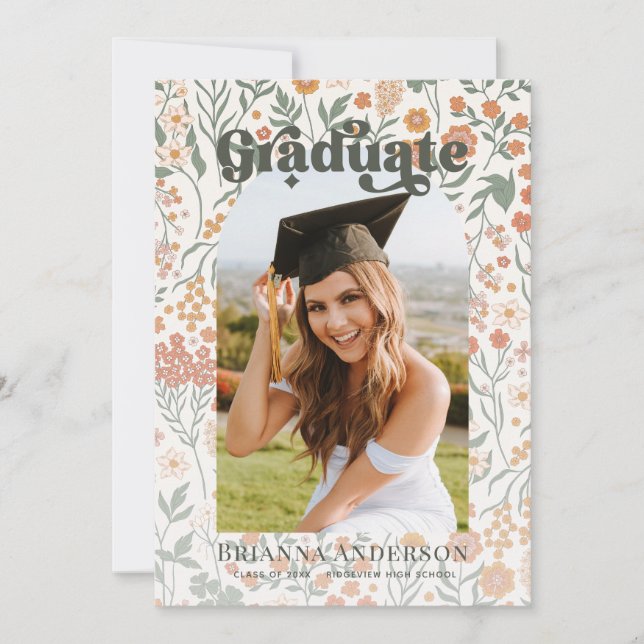 Retro Groovy Wildflower Arch Graduation Photo Invitation (Front)