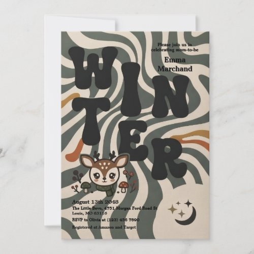 Retro Groovy Woodland Deer Baby Shower Invitation