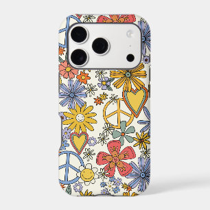 Retro Groovy Yellow Blue Flowers and Peace Signs Iphone 18 Pro Case
