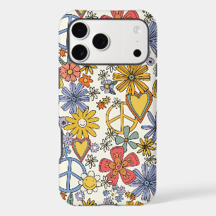 Retro Groovy Yellow Blue Flowers and Peace Signs Iphone 18 Pro Max Case