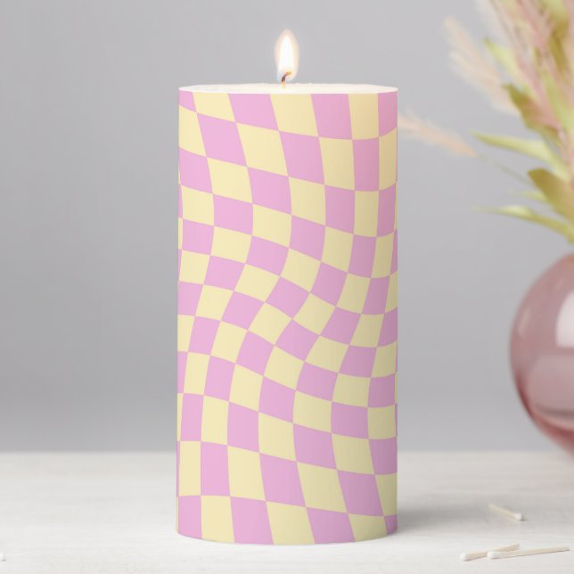 Retro Groovy Yellow Pink Check Checks Checkered Pillar Candle (In Situ)