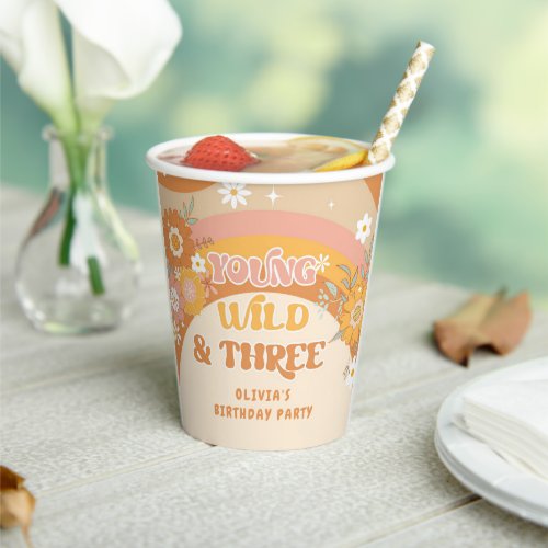 Retro groovy young wild and three birthday paper cups