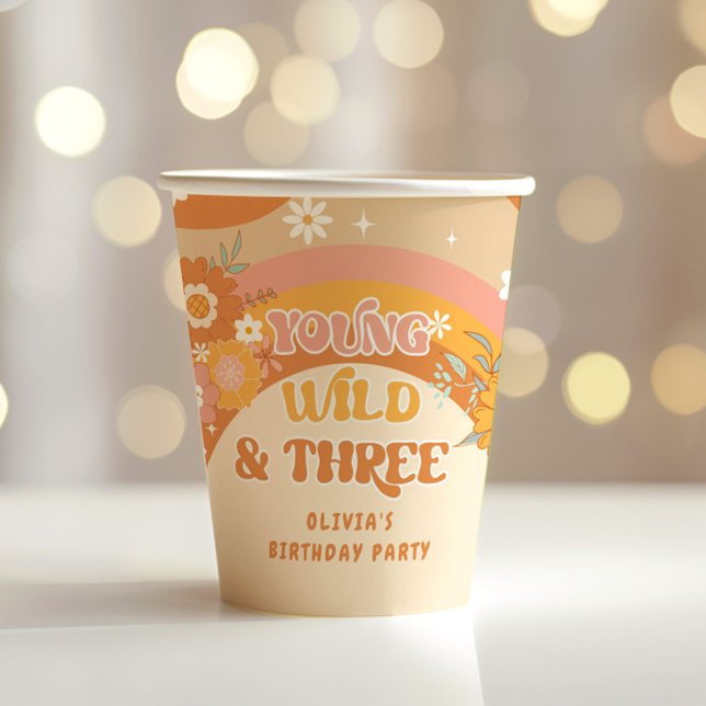 Retro groovy young wild and three birthday paper cups (Creator Uploaded)