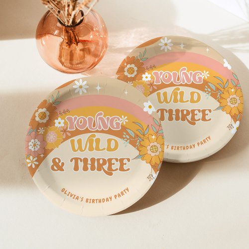 Retro groovy young wild and three birthday paper plates
