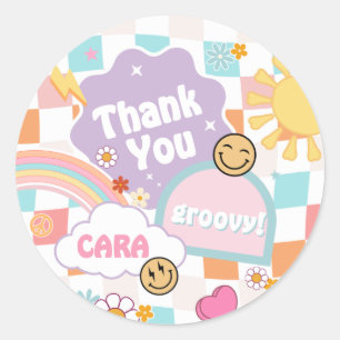Retro Groovy Young Wild and Three Birthday Party Classic Round Sticker