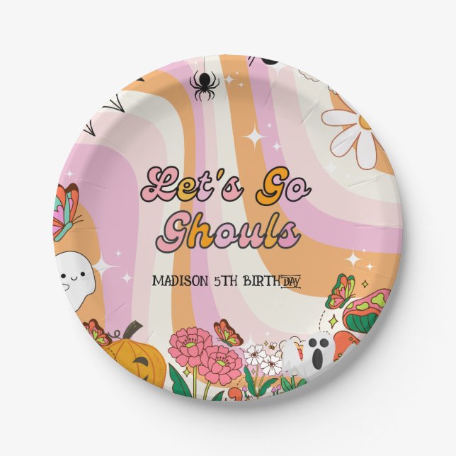  Retro Grooy Let's go ghoul Halloween Birthday Paper Plates (Front)