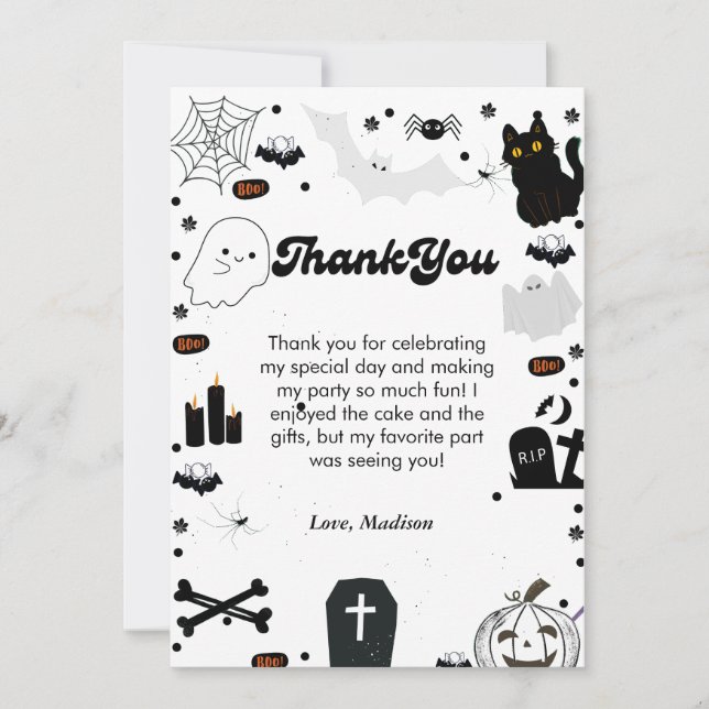 Retro grovvy Halloween birthday thank you card (Front)