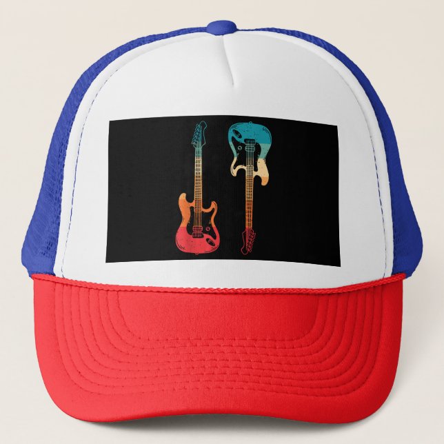 Retro Guitar Guitarist Electric Bass Guitar Rock M Trucker Hat (Front)