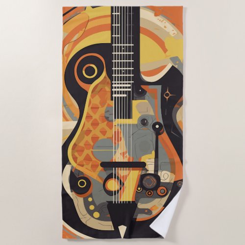 Retro Guitar Illustration Beach Towel