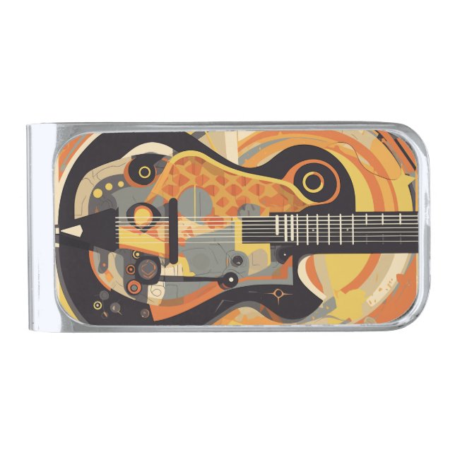 Retro Guitar Illustration Silver Finish Money Clip (Front)