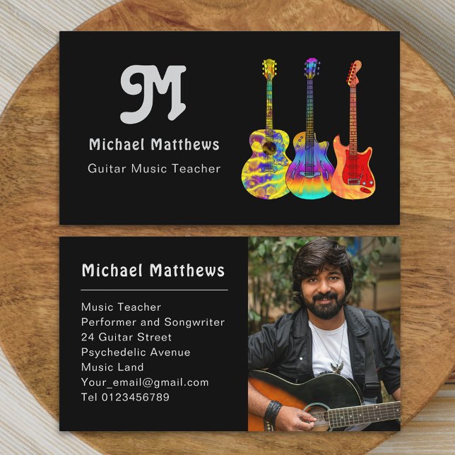 Retro Guitar Music Tutor Musician Photo Business Card (Modern retro guitar music teacher professional musician photo business card)
