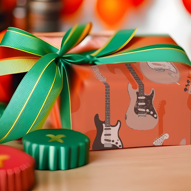 Retro Guitar Pattern Orange Musical Instruments Wrapping Paper (Vintage guitar birthday wrapping paper in retro orange)