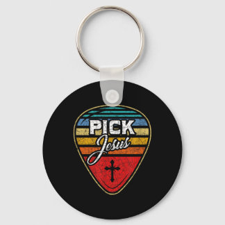 Retro Guitarist Guitar Pick Christian Music Jesus Keychain