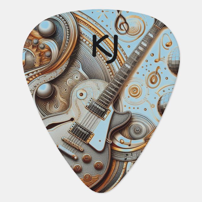 Retro Guitarist Metallic Swirl Initials  Guitar Pick (Front)