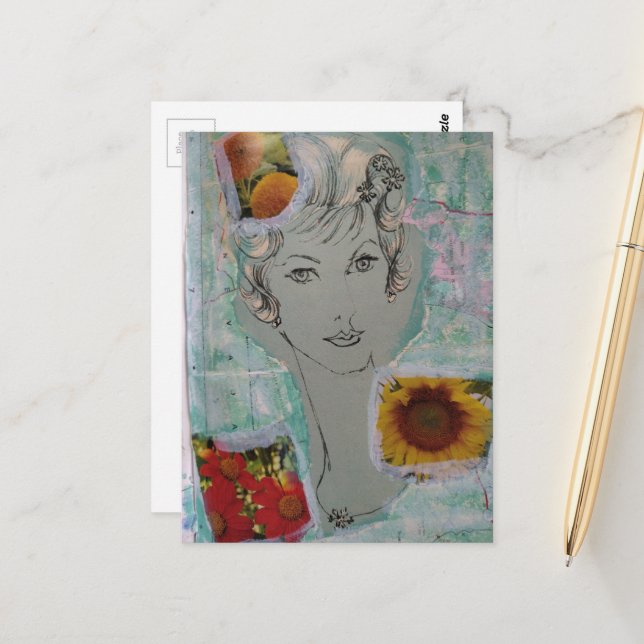 Retro Hair Style Woman and Flowers Collage Postcard (Front/Back In Situ)