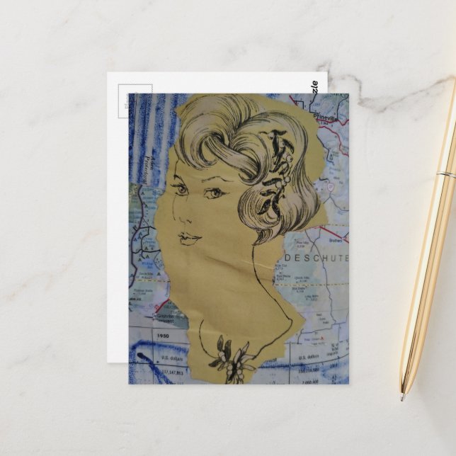 Retro Hair Style Woman and Map Collage Postcard (Front/Back In Situ)