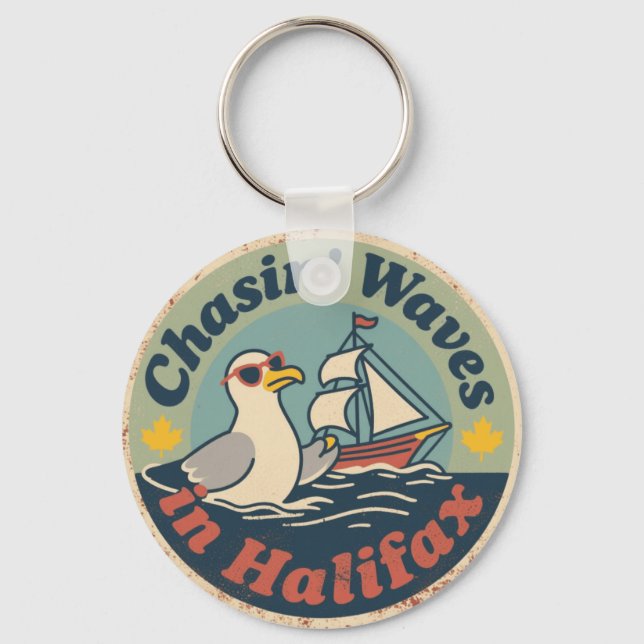 Retro Halifax Seagull Waves Keychain (Front)