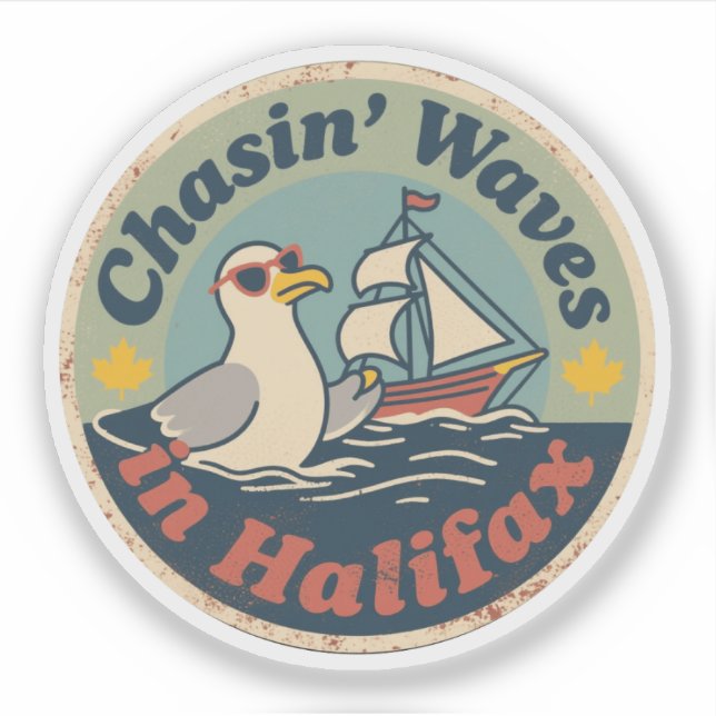 Retro Halifax Seagull Waves Sticker (Front)