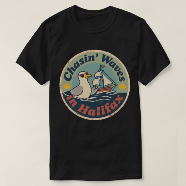 Retro Halifax Seagull Waves T-Shirt (Design Front)