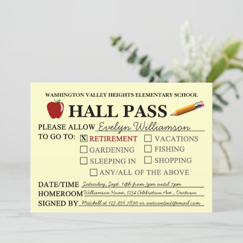 Retro Hall Pass Teacher Retiring Party Invitation