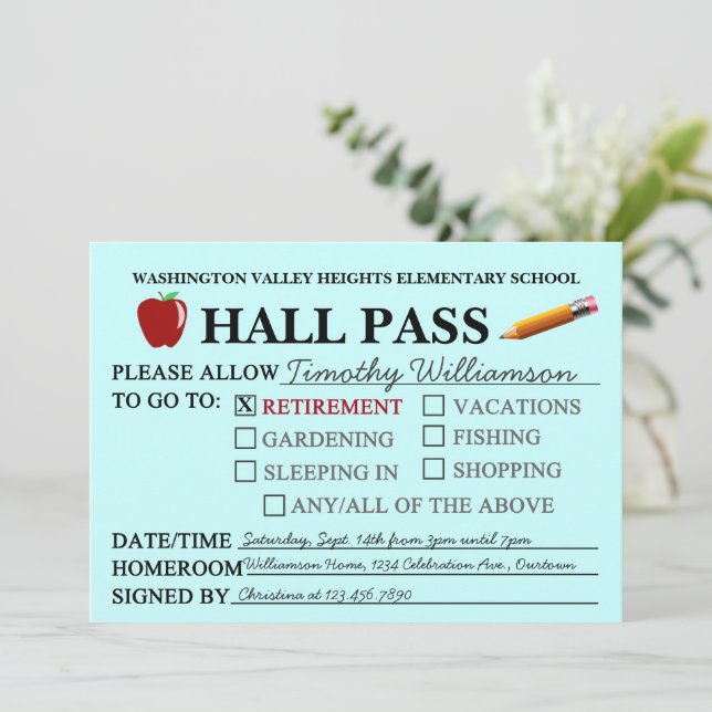 Retro Hall Pass Teacher Retiring Party Invitation (Standing Front)