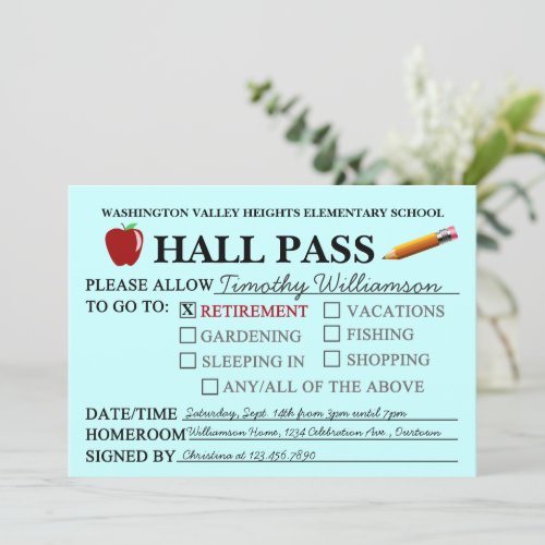 Retro Hall Pass Teacher Retiring Party Invitation