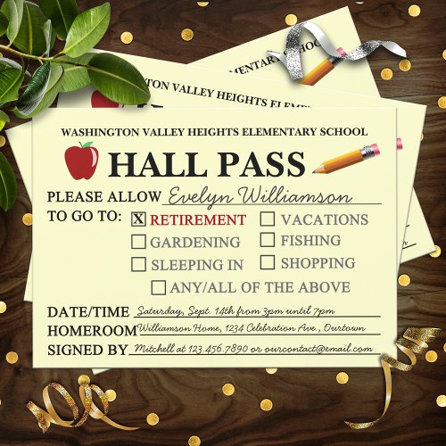 Retro Hall Pass Teacher Retiring Party Invitation