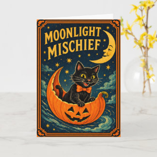 Retro Halloween Black Cat & Moon Card