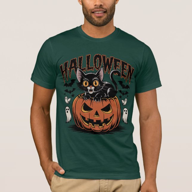 Retro Halloween Black Cat with Pumpkin T-Shirt (Front)