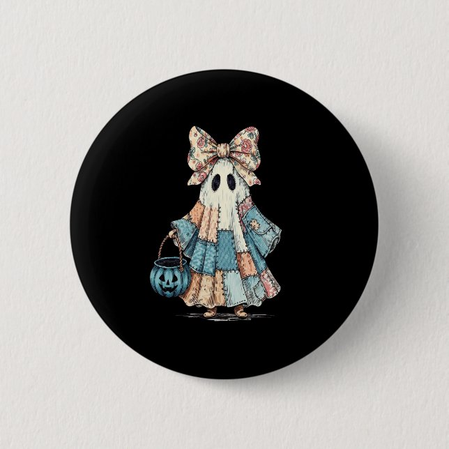 Retro Halloween Blue Denim Ghost Button (Front)
