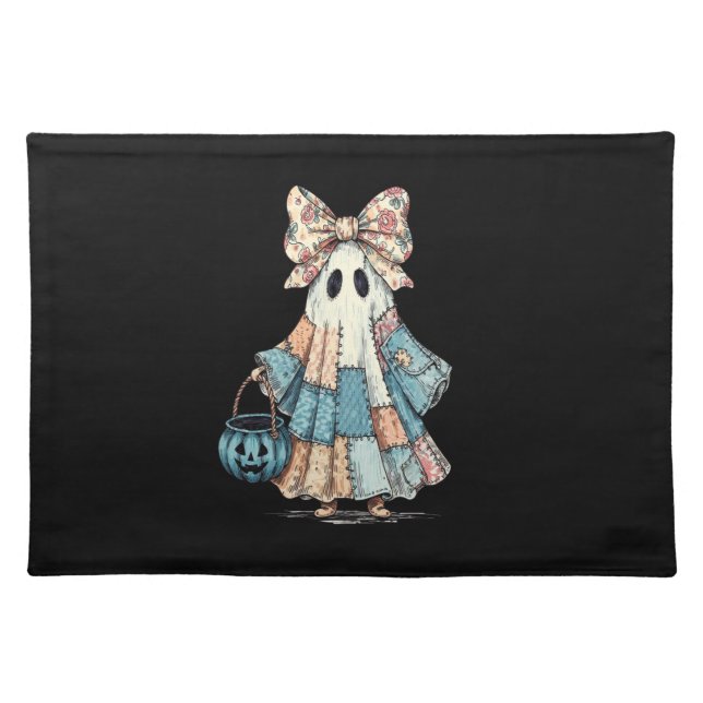 Retro Halloween Blue Denim Ghost Cloth Placemat (Front)