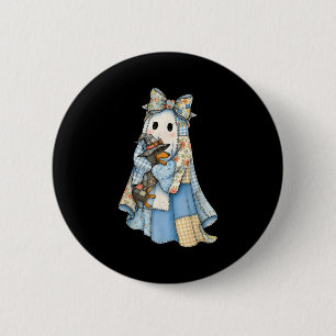 Retro Halloween Blue Denim Ghost Dachshund Funny Button