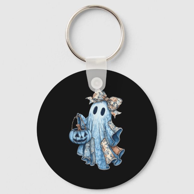 Retro Halloween Blue Denim Ghost Floral Patchwork  Keychain (Front)