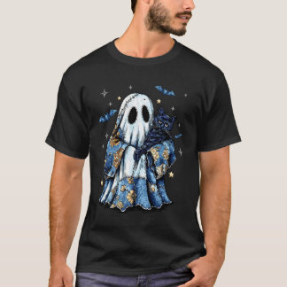 Retro Halloween Blue Denim Patchwork Ghost Black C T-Shirt