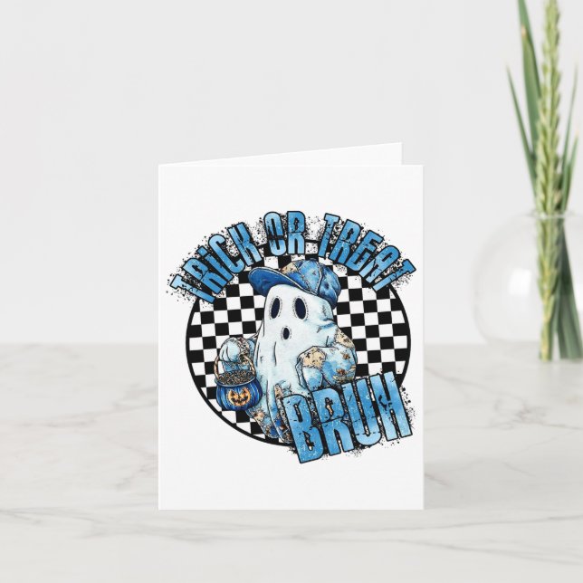 Retro Halloween Blue Denim Patchwork Spooky Ghost  Card (Front)