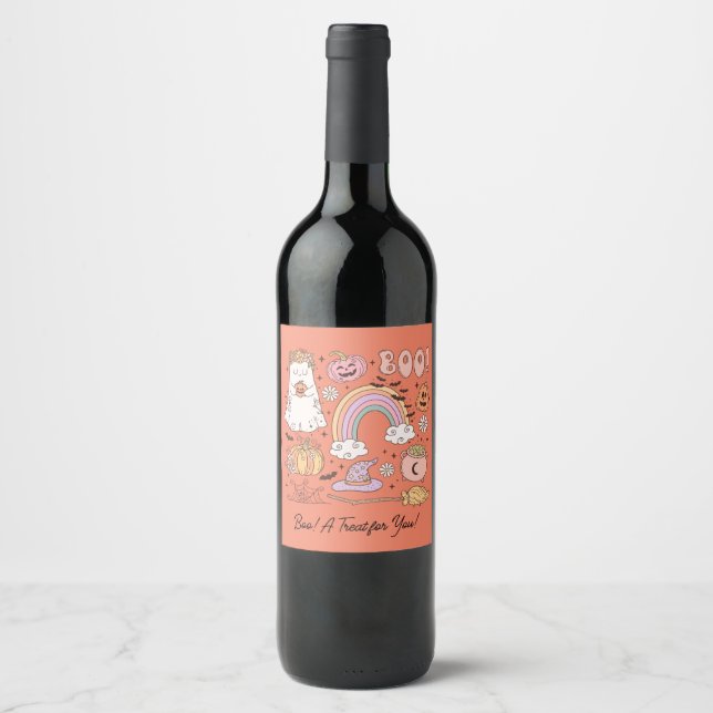 Retro Halloween Boo! A Treat for You! Wine Label (Front)