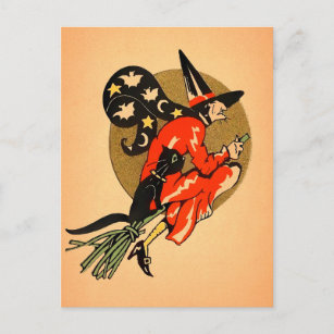 Retro Halloween Broom Witch Postcard