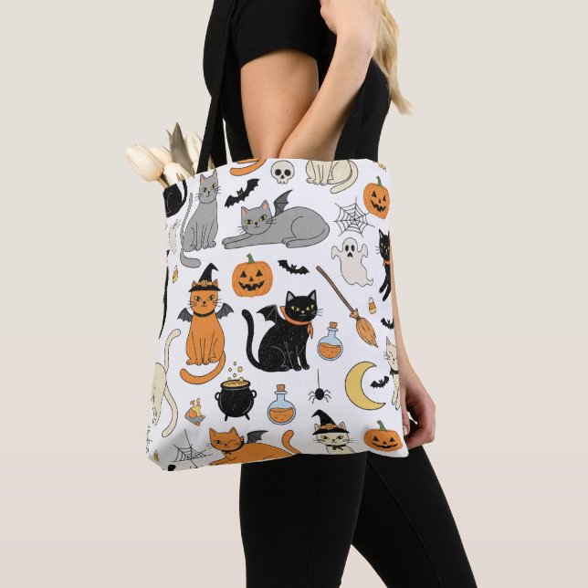 Retro Halloween Cat Lover's Trick-or-Treat  Tote Bag (Close Up)