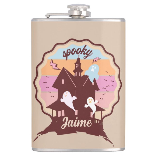 Retro Halloween Costume Spooky Haunted House Ghost Flask (Front)