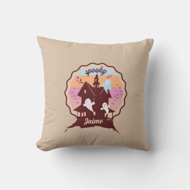 Retro Halloween Costume Spooky Haunted House Ghost Throw Pillow (Front)