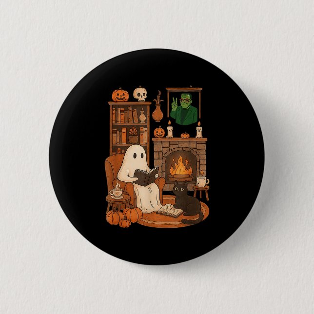 Retro Halloween Cozy Ghost Reading Book By 90s Fra Button (Front)