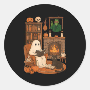 Retro Halloween Cozy Ghost Reading Book By 90s Fra Classic Round Sticker