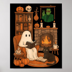 Retro Halloween Cozy Ghost Reading Book By 90s Fra Poster