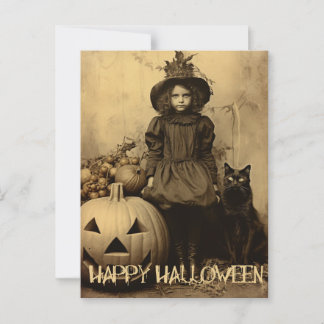 Retro Halloween creepy girl with black cat Postcard