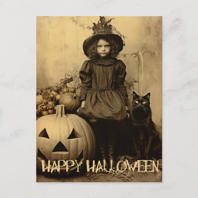 Retro Halloween creepy girl with black cat Postcard (Front)