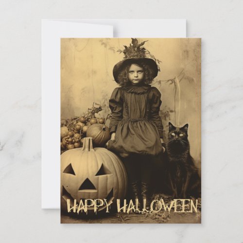 Retro Halloween creepy girl with black cat Postcard