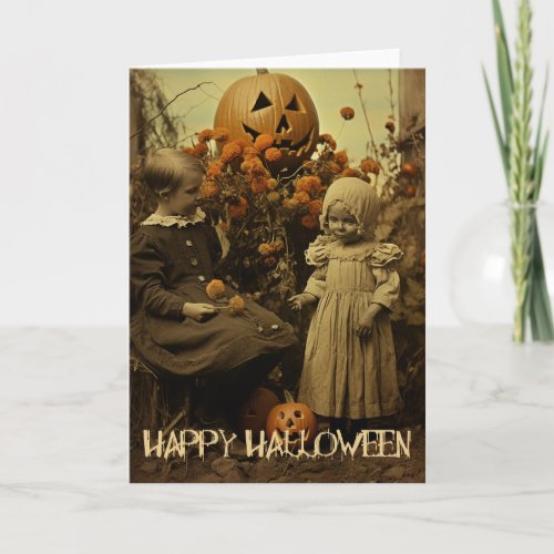 Retro Halloween creepy girls with carved pumpkins Holiday Card