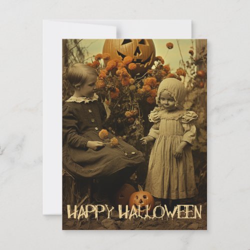 Retro Halloween creepy girls with carved pumpkins Postcard