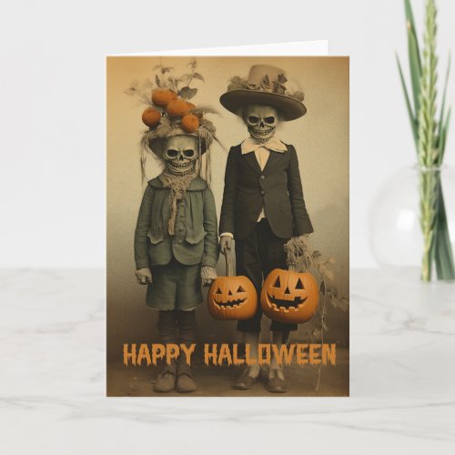 Retro Halloween creepy kids with carved pumpkins Holiday Card